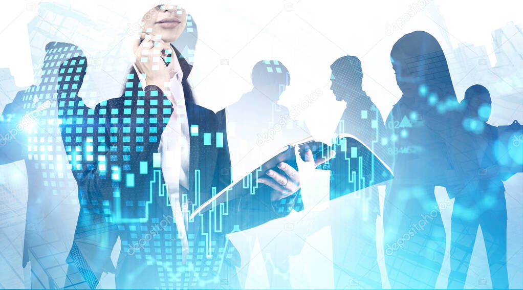 Pensive young businesswoman with notebook and her team working in abstract city with double exposure of blurry digital chart. Concept of leadership and market analysis. Toned image