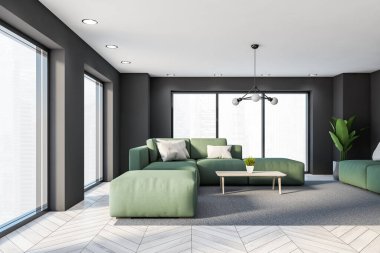 Gri duvarları, ahşap zemini, yumuşak halıda duran yeşil kanepesi ve ahşap sehpası olan şık panoramik oturma odasının içi. Bulanık şehir manzaralı bir pencere. 3d oluşturma