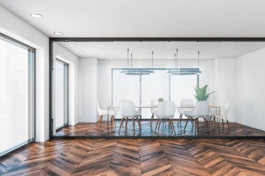 Beyaz duvarları, siyah ahşap zemini, beyaz sandalyeli ve yuvarlak lambalı uzun tahta masası olan danışmanlık bürosu toplantı odasının içi. 3d oluşturma