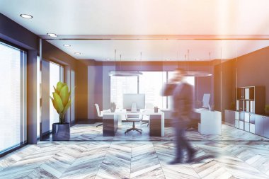 Bulanık genç işadamı, gri ve cam duvarlar, ahşap zemin ve beyaz bilgisayar masalarıyla modern CEO ofisinde yürüyor. Liderlik kavramı. Tonu ayarlanmış resim