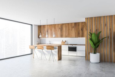 Beyaz ve ahşap duvarları, fayanslı zemini, ahşap dolaplı beyaz tezgahları ve tabureli rahat bar tezgahları olan şık bir mutfağın köşesi. 3d oluşturma