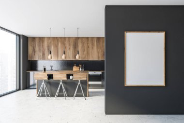 Modern mutfakta gri duvarları, fayanslı zemini, ahşap dolapları ve tabureli rahat barları olan gri tezgahları olan dikey poster çerçevesi asılıydı. 3d oluşturma