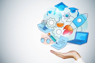 Beyaz gömlekli bir iş adamı, gri duvara renkli bir çizim çiziyor. Bilgi, bilim ve mezuniyet kavramı. Model
