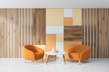 Ahşap ve renkli duvar desenli parlak minimalist oturma odasının içi fayanslı zemin ve yuvarlak sehpanın yanında iki rahat turuncu koltuk. 3d oluşturma