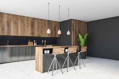 Modern mutfak köşesinde gri ve ahşap duvarları, fayanslı zemini, gri tezgahları ve ahşap dolapları olan rahat bir bar. 3d oluşturma