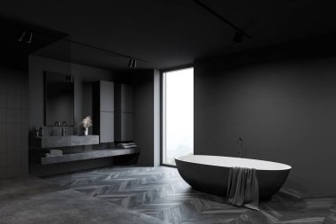 Lüks otel banyosunun köşesinde koyu gri duvarlar, ahşap zemin, rahat büyük küvet, dikey aynalı büyük taş lavabo ve bulanık dağ manzaralı pencere. 3d oluşturma