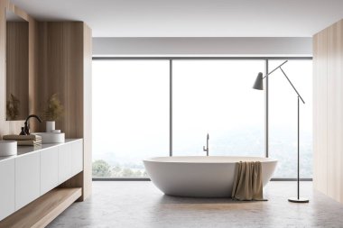 Lüks panoramik banyo, beyaz ve ahşap duvarlar, beton zemin, pencerenin yanında rahat bir küvet, bulanık dağ manzarası ve çift lavabo. 3d oluşturma
