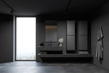 Koyu gri ve fayanslı duvarları olan çatı katı otel banyosunun içi, koyu ahşap zemin ve dikey aynalı büyük bir lavabo, bulanık kır manzaralı büyük bir pencerenin yanında duruyor. 3d oluşturma