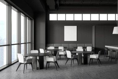 Koyu gri duvarları, beton zemini, sandalyeli yuvarlak masaları, rahat kanepesi ve dikey poster çerçevesi olan modern endüstriyel restoranın içi. 3d oluşturma