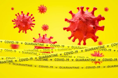 Coronavirus ncov covid 19 karantina ve tecrit kavramı. Sarı arka planda kırmızı virüs modelleri ve bant. 3d görüntüleme bulanık resim