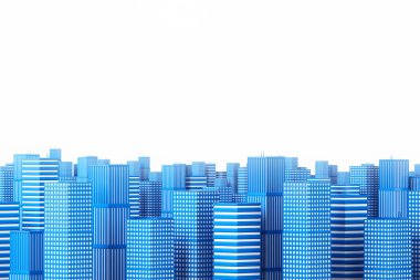 Beyaz arka planda mavi gökdelenlerden oluşan yaratıcı stil şehir modeli. Kentleşme, mimarlık ve gelişim kavramı. 3D oluşturma maketi