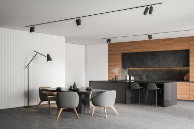 Geniş mutfak, beyaz duvarlar, beton zemin, gri koltuklu konforlu yemek masası, tabureli bar ve arka planda ahşap tezgah. 3d oluşturma
