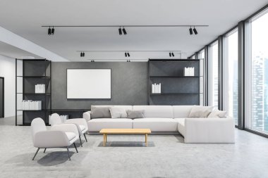 Panoramik ofis bekleme odasının içinde beyaz ve gri duvarlar, sehpanın yanındaki koltuklu rahat beyaz kanepe ve kitaplıklar arasında yatay maket posterler. 3d oluşturma
