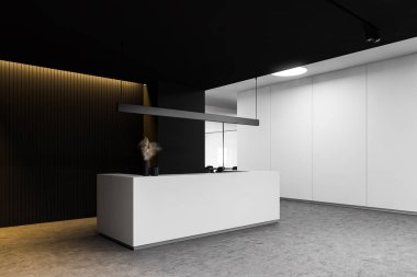 Modern şirket ofisinde, beyaz ve siyah duvarları beton zemini ve yuvarlak lambası olan şık bir resepsiyon masası. 3d oluşturma