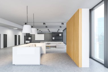 Beyaz ve ahşap duvarları, beton zemini ve bulanık şehir manzaralı pencerenin yanında duran rahat resepsiyon masası olan şık, minimalist ofisin yan görüntüsü. Bekleme odasındaki kanepe. 3d oluşturma