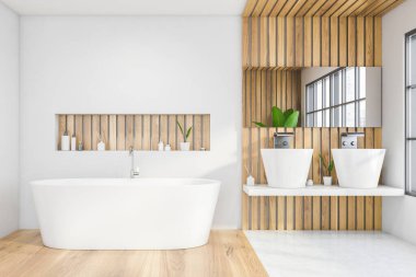 Beyaz, ahşap duvarları ve büyük çift lavabosu olan şık banyo iç kısımlarında rafları olan rahat beyaz bir küvet. 3d oluşturma