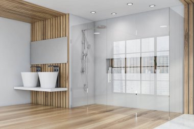 Lüks büyük banyonun köşesinde beyaz ve ahşap duvarlar, büyük aynalı çift lavabo ve cam duş kabini. Spa konsepti. 3d oluşturma