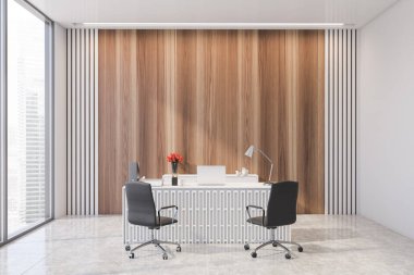 Beyaz ve ahşap duvarları, fayanslı zemini ve ziyaretçiler için sandalyeleri olan bilgisayar masası olan şık bir CEO ofisi. Yönetim kavramı. 3d oluşturma