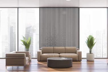 Gri duvarları, ahşap zemini, deri koltuğu ve yuvarlak sehpanın yanında duran koltuğu olan panoramik ofis salonunun içi. 3d oluşturma