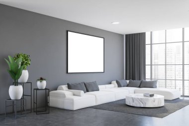 Lüks oturma odasının köşesinde gri duvarlar, beton zemin, üzerinde yatay maket posteri ve bulanık şehir manzarası olan mermer sehpanın yanında duran rahat beyaz kanepe. 3d oluşturma