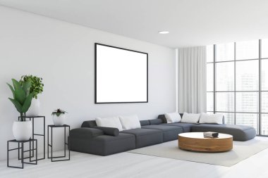 Lüks oturma odasının köşesinde beyaz duvarlar, ahşap zemin, üzerinde yatay maket posteri ve bulanık şehir manzarası olan yuvarlak kahve masasının yanında duran rahat gri kanepe. 3d oluşturma