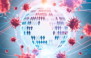 Covid 19 ncov coronavirus pandemia konsepti. Gezegen hologramını çevreleyen bulanık kırmızı virüsler ve insan simgeleri. 3d rengarenk resim çift pozlama
