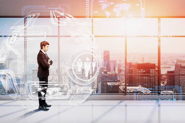 Confident Young Businessman Standing Panoramic Office Double Exposure Blurry Futuristic — Stock Photo, Image