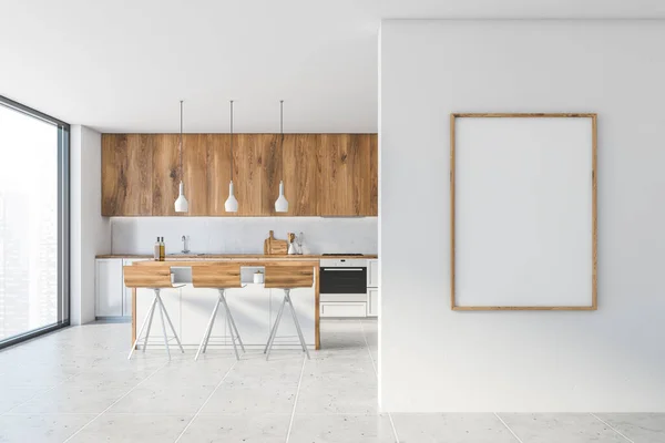 Vertikale Plakatattrappen Hängen Der Modernen Küche Mit Weißen Wänden Gefliestem — Stockfoto