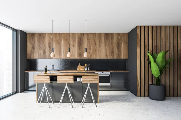 Interior Cozinha Moderna Com Paredes Cinzentas Madeira Piso Azulejo Bancadas — Fotografia de Stock