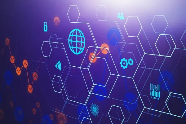 青い背景に青いビジネスアイコン オレンジ色のグラフ 未来的なインターネットインターフェース 技術とコミュニケーションの概念 3Dレンダリングトーン画像二重露光 — ストック写真