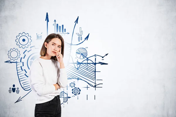 Pensive Young Businesswoman College Student Smart Casual Clothes Standing Concrete — Stock Photo, Image