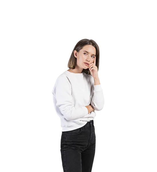 Isolated Half Length Portrait Thoughtful Young European Businesswoman College Student — Stock Photo, Image