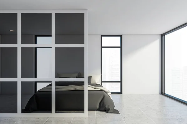 Interior Amplio Dormitorio Principal Panorámico Con Paredes Blancas Vidrio Suelo —  Fotos de Stock
