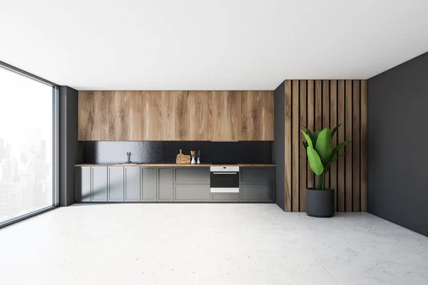 Interior Minimalistic Panoramic Kitchen Grey Wooden Walls Tiled Floor Gray — Stock Photo, Image