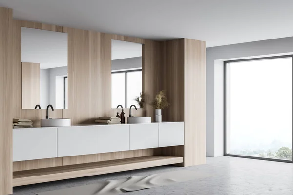 Angolo Elegante Bagno Con Pareti Bianche Legno Pavimento Cemento Doppio — Foto Stock