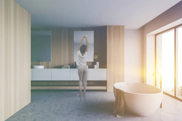 Rear View Blurry Young Woman Pajamas Standing Sunlit Panoramic Bathroom — Stock Photo, Image