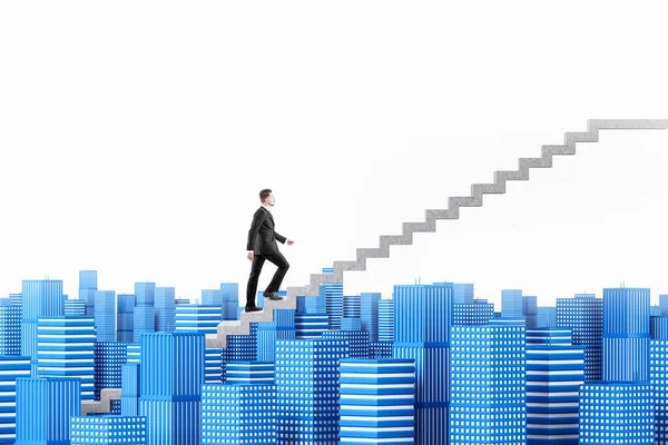 Side View Confident Young Businessman Climbing Stairs Sky Abstract City — Stock Photo, Image