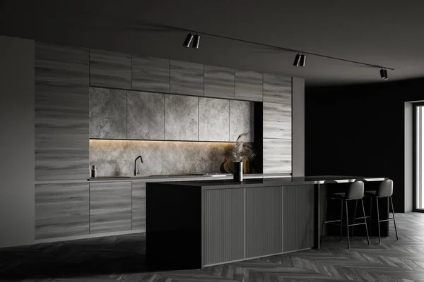 舒适的长酒吧 有凳子 站在时尚的厨房里 灰色的墙壁 深色的木地板 木制台面 装有家用电器和橱柜 3D渲染 — 图库照片