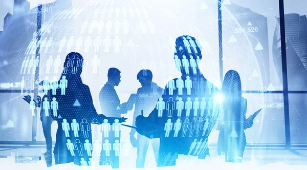 Silhouettes of diverse business team members in blurry Moscow city office with double exposure of network interface. Concept of internet and teamwork. Toned image