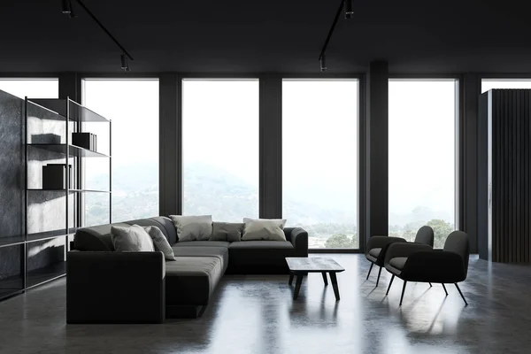 Interieur Van Een Panoramisch Kantoor Wachtkamer Met Donkergrijze Muren Comfortabele — Stockfoto