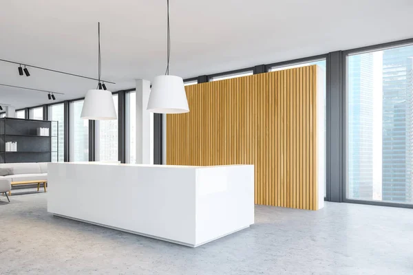Roh Moderní Minimalistické Kanceláře Bílými Dřevěnými Stěnami Betonovou Podlahou Pohodlným — Stock fotografie