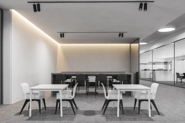 Interior Moderna Cafetería Oficina Con Paredes Blancas Suelo Hormigón Mesas — Foto de Stock