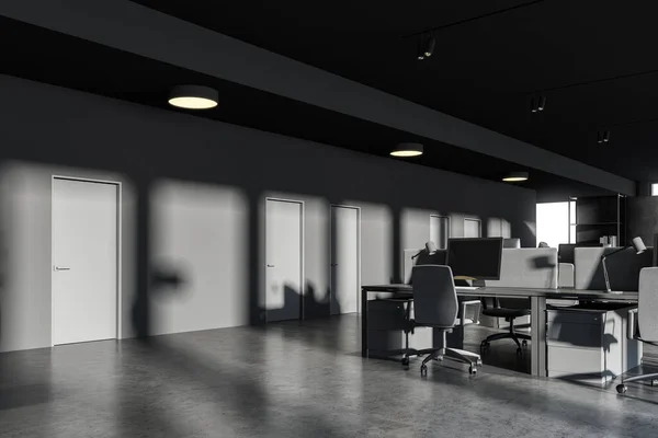Workspace Modern Open Space Office Dark Grey Walls Concrete Floor — Stock Photo, Image