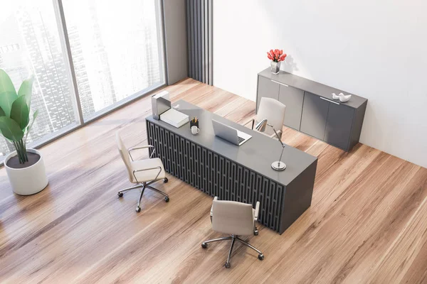 Top View Stylish Ceo Office White Grey Walls Wooden Floor — Stock Photo, Image
