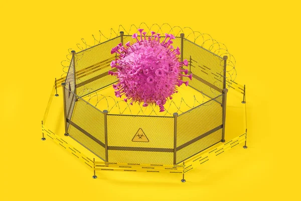 Covid Ncov Coronavirus检疫和封锁概念 粉色病毒模型被铁丝网和黄色带子包裹在黄色背景下的顶部视图 3D渲染 — 图库照片