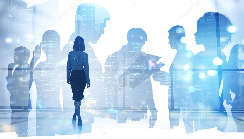 Rear view of businesswoman walking in panoramic office with double exposure of blurry night cityscape and her diverse business team. Concept of leadership and corporate life. Toned image