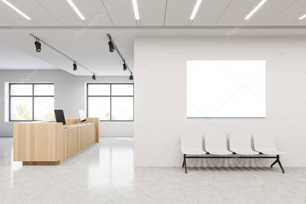 Interior of modern hospital hall with white walls, concrete floor, reception desk with computers and horizontal mock up poster with row of chairs for visitors. 3d rendering