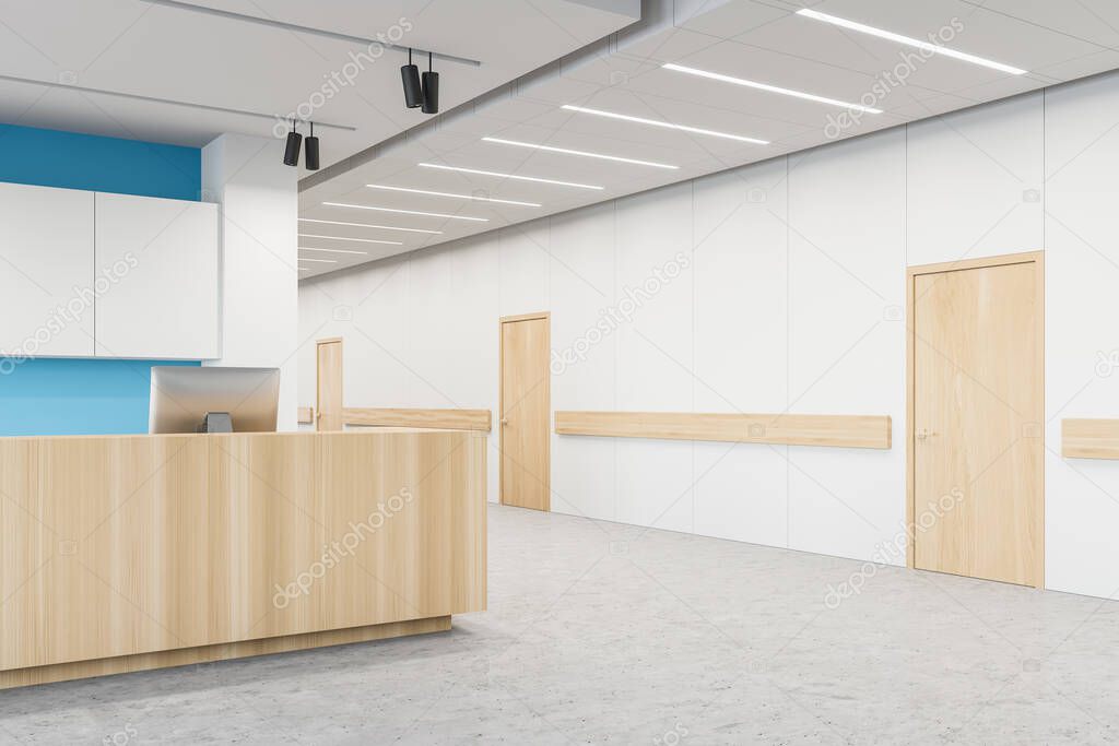 Wooden reception desk with computer standing in stylish hospital hall with white and blue walls and row of closed doors. Concept of healthcare and medicine. 3d rendering