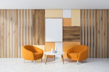 Ahşap ve renkli duvar desenli parlak minimalist oturma odasının içi fayanslı zemin ve yuvarlak sehpanın yanında iki rahat turuncu koltuk. Dikey model poster çerçevesi. 3d oluşturma