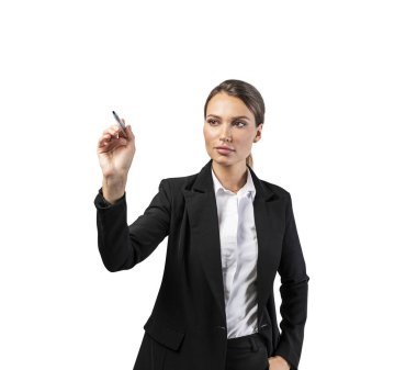 Güzel Avrupalı genç iş kadınının sanal ekranda işaretli bir portresi. Teknoloji ve eğitim kavramı.